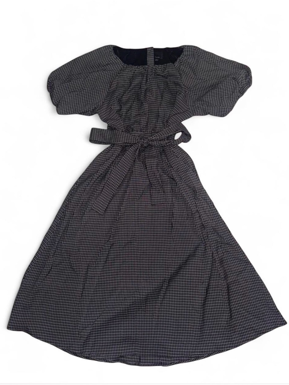 Lumiere Black Check Puff-Sleeve Belted Dress